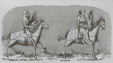 Lady setting out hunting. Engraving after a miniature from the book of the ""Roi Modus"" (King