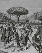 Peasant dances of the May Feasts. Facsimile of an engraving from a miniature in a 15th-century book