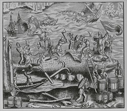 Whale fishing. Facsimile after a woodcut from ""La cosmographie universelle"" by Andre Thevet