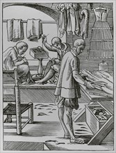 The trades. The tailor. Facsimile after a drawing and engraving by Jost Amman in the 16th century.