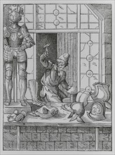 The trades. The armourer. Facsimile after a drawing and engraving by Jost Amman in the 16th century