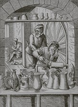 Tin craftsman. Reproduction of a 16th-century engraving by Jost Amman. ""Moeurs, usages et costumes