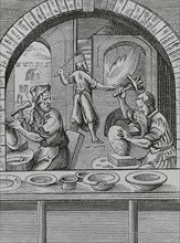 Basin maker. Reproduction of a 16th-century engraving by Jost Amman. ""Moeurs, usages et costumes