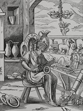 Coppersmith. Reproduction of a 16th-century engraving by Jost Amman. ""Moeurs, usages et costumes