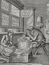 Clasp maker. Reproduction of a 16th-century engraving by Jost Amman. ""Moeurs, usages et costumes