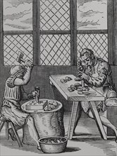 Thimble maker. Reproduction of a 16th-century engraving by Jost Amman. ""Moeurs, usages et costumes