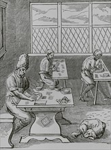 Pin and Needle maker. Reproduction of a 16th-century engraving by Jost Amman. ""Moeurs, usages et