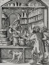 The Apothecary. Reproduction of a 16th-century engraving by Jost Amman. ""Moeurs, usages et