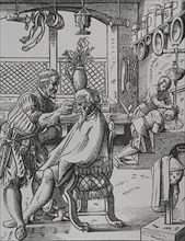 The Barber. Reproduction of a 16th-century engraving by Jost Amman. ""Moeurs, usages et costumes au