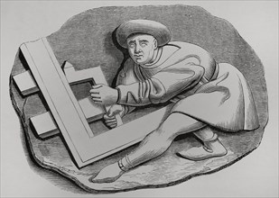 Carpenter's apprentice working with a large square. Engraving after one of the stalls, called