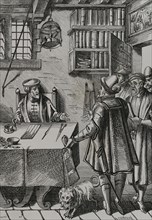 The Tax Collector. Drawing by Albert Coinchon and engraved by Huyot after a woodcut in ""Praxis