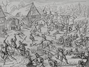 A village pillaged by soldiers. Facsimile of a woodcut in ""Oldenburgisches Chronicon"", 1599.