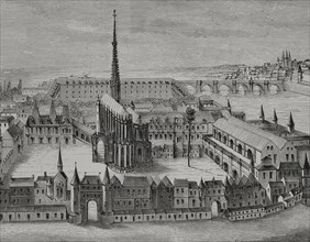 Paris, France. The Palais and the Sainte-Chapelle in the 16th century. Facsimile of an engraving of