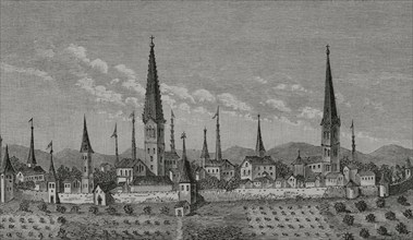 Dortmund, Germany. View of the city in 16th century. After engraving in P. Bertius's Theatrum