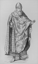 Doge of Venice. Pre-16th century costume, whose cloak was open from top to bottom, fastened at the