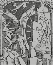 Torture of the wheel, executed by demons. Engraving after ""Le grant Kalendrier et compost des