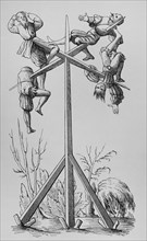 Impalement. Engraving after a woodcut in Sebastian Munster's ""Cosmographia universalis"",