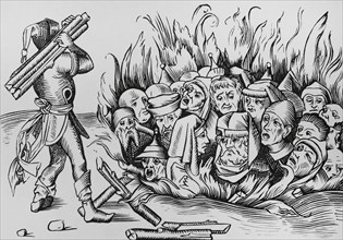 The Jews of Cologne burnt alive on the night of 23-24 August 1349. Facsimile from an engraving in