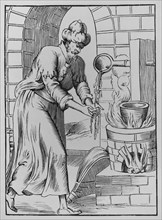 The gipsy who washed his hands in molten lead. 19th century engraving after a woodcut in