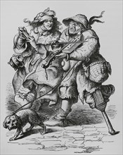 Beggar playing the fiddle, his wife accompanying him with bones. Engraving from a 17th-century