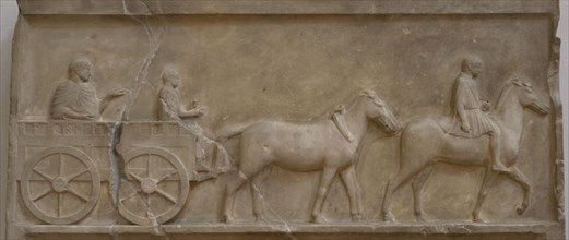 Relief depicting a scene of wheeled transport from Lower Moesia and Thrace. Marble. Early 4th