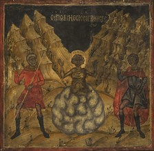 Martyrdoms of Saint George. The saint thrown into a limekiln. 17th-century icon. From the St.