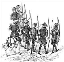 This detailed illustration depicts a French captain and his archers from the time period of the