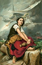 This illustration shows Joan of Arc hears the voices of Saint Michael, Saint Catherine, and Saint