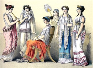 The figures illustrate Greek women, from left to right: flute-player and five women of the upper