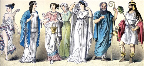 The figures illustrate, from left to right, five ancient Greek women (from different classes and in