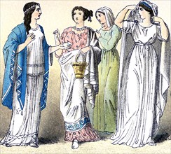 The figures illustrate four ancient Greek women (from different classes and in a variety of