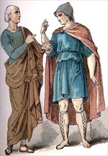 The figuures represent two ancient Greeks: a philosopher (left) and a commoner (right). The