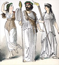 The figures illustrate ancient Greek religious figures: from left to right, a female Bacchant, a