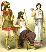 The figures represent ancient Greeks. From left to right, they are: a warrior, a king, and a woman