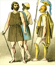 These illustrations of ancient Greeks represent, from left to right: a two commoners and a warrior.