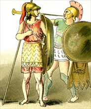 These illustrations of ancient Greeks represent, from left to right: a warrior and a trumpeter. The