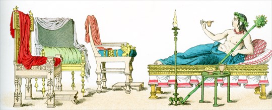 The illustration here shows ancient Greek artifacts. They are from left to right: three chairs and