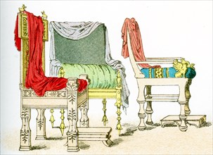 The illustration here shows three ancient Greek chairs.The illustration dates to 1882.