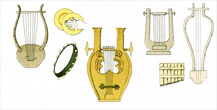 The illustration here shows ancient Greek musical instruments, inclding lyres, cymbals, a