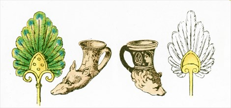 The illustration here shows ancient Greek artifacts. They are from left to right: a fan, two