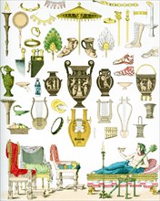 The illustration here shows ancient Greek artifacts. They are from left to right, top to bottom: