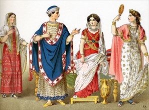 The figures represnt three Etruscan women of the upper class and an Etruscan nobleman. The Etruscan