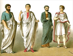 The figures represent ancient Roman males, from left to right: a public orator, a senator, a