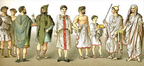 The figures represent ancient Roman men and boys, from left to right: two peasants, two Romans in