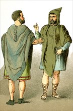 The figures represent two ancient Romans in travel outfits. Th ei llustration dates to 1882.