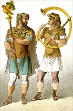 The figures represent ancient Roman military personnel, from left to right: a standard bearer and a