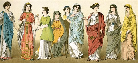 Dress of Roman women in late Republican and Imperial times (around 100 B.C. to A.D. 100). Note the