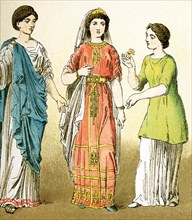 The figures represent three ancient Roman women. The illustration dates to 1882.