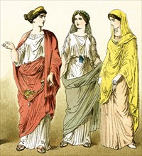 The figures represent three ancient Roman women. The illustration dates to 1882.