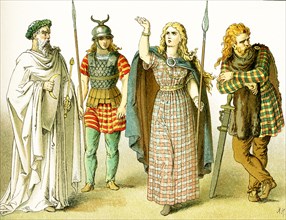 The figures in this illustration represent, from left to right: a Druid priest, a Gallic warrior,